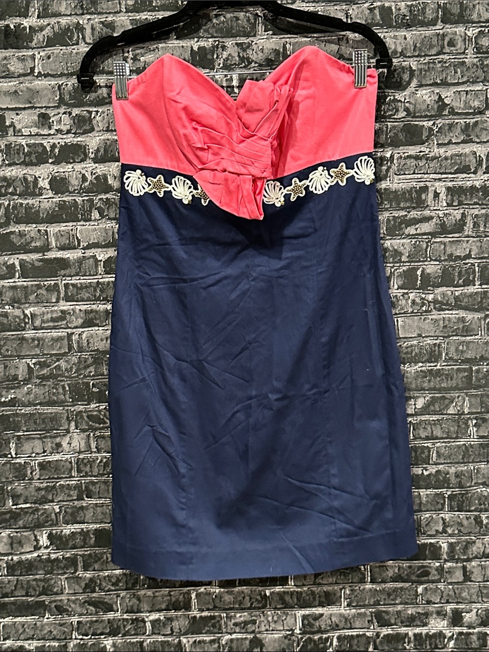 Lilly Pulitzer Strapless Pink and Navy Sheath Dress with Wrap around Shell trim